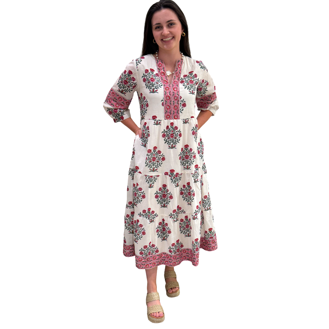 The Evie Long Length Dress in Pink Red Hand Blocked Floral