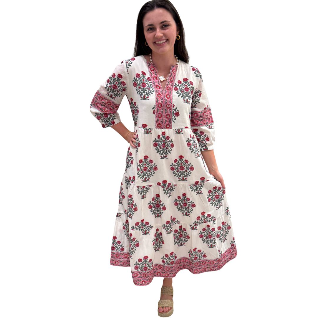 The Evie Long Length Dress in Pink Red Hand Blocked Floral — view 3