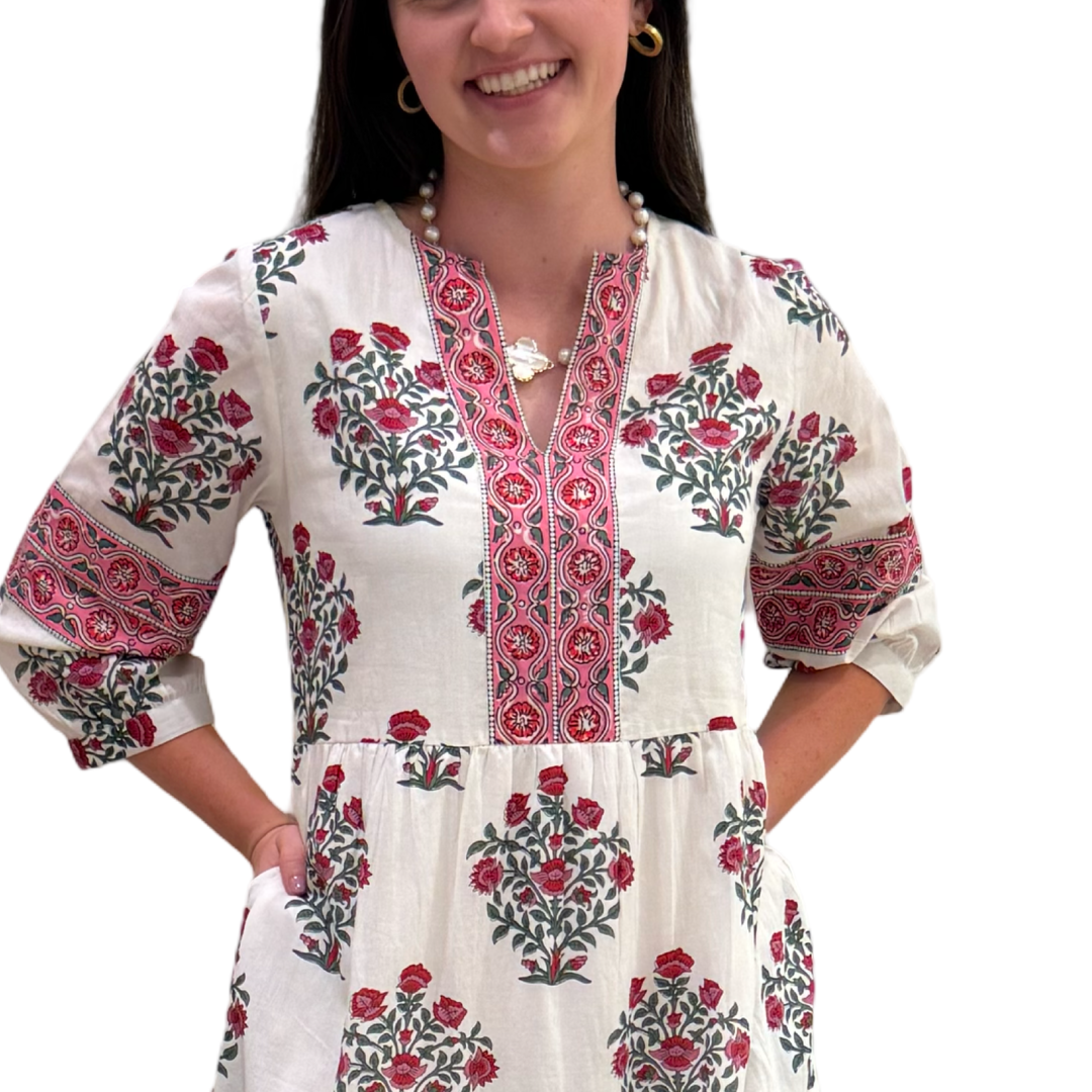 The Evie Long Length Dress in Pink Red Hand Blocked Floral — view 5