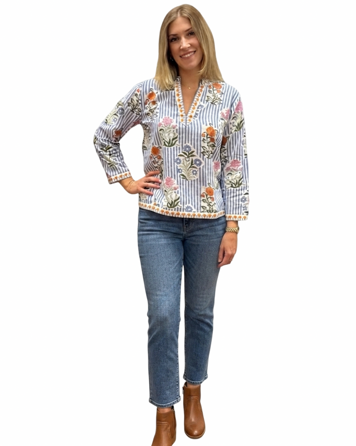 The Kelsea Top in Blue Striped Floral
