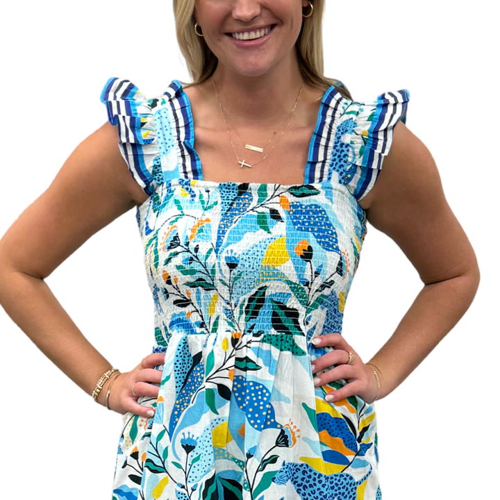The Cloey Smocked Top Dress in Blue Yellow Multi Panther Print — view 2