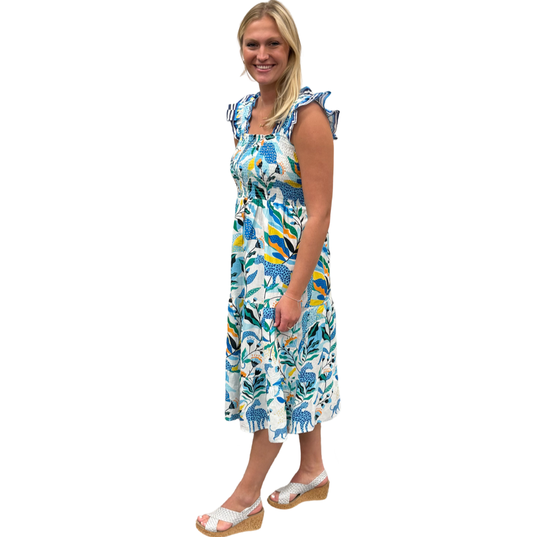 The Cloey Smocked Top Dress in Blue Yellow Multi Panther Print — view 3