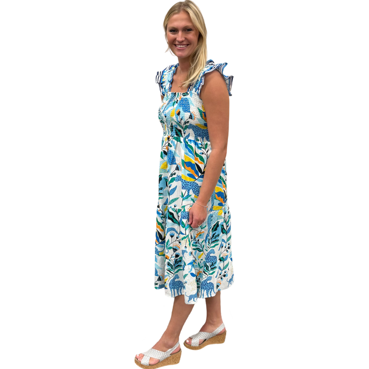 The Cloey Smocked Top Dress in Blue Yellow Multi Panther Print — view 3