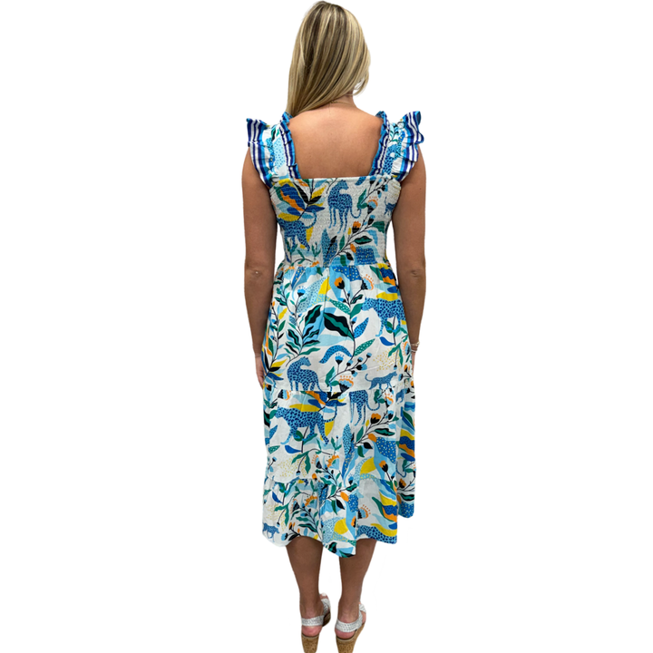 The Cloey Smocked Top Dress in Blue Yellow Multi Panther Print — view 5