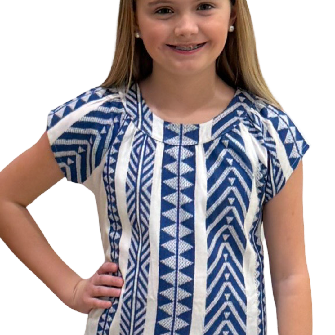 The Quinn Cotton Jacquard Dress in Blue and White for Girls — view 3