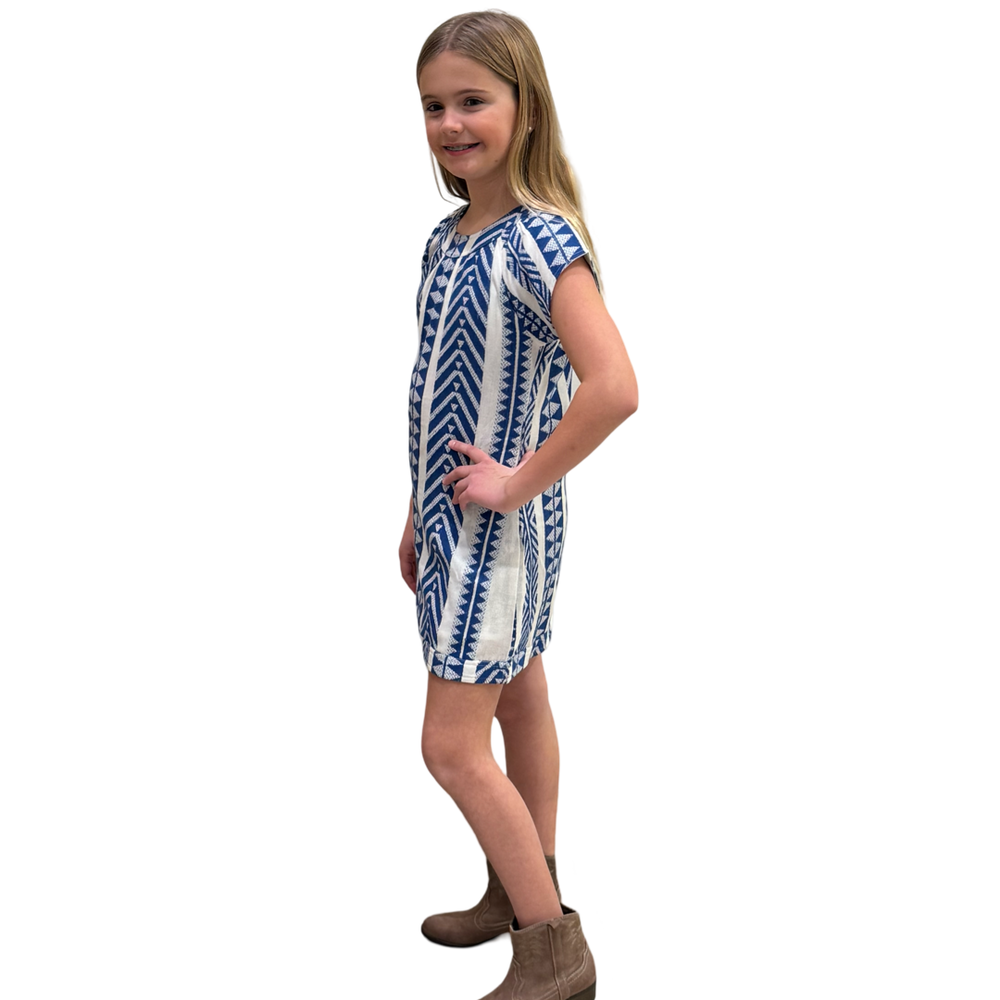 The Quinn Cotton Jacquard Dress in Blue and White for Girls — view 2