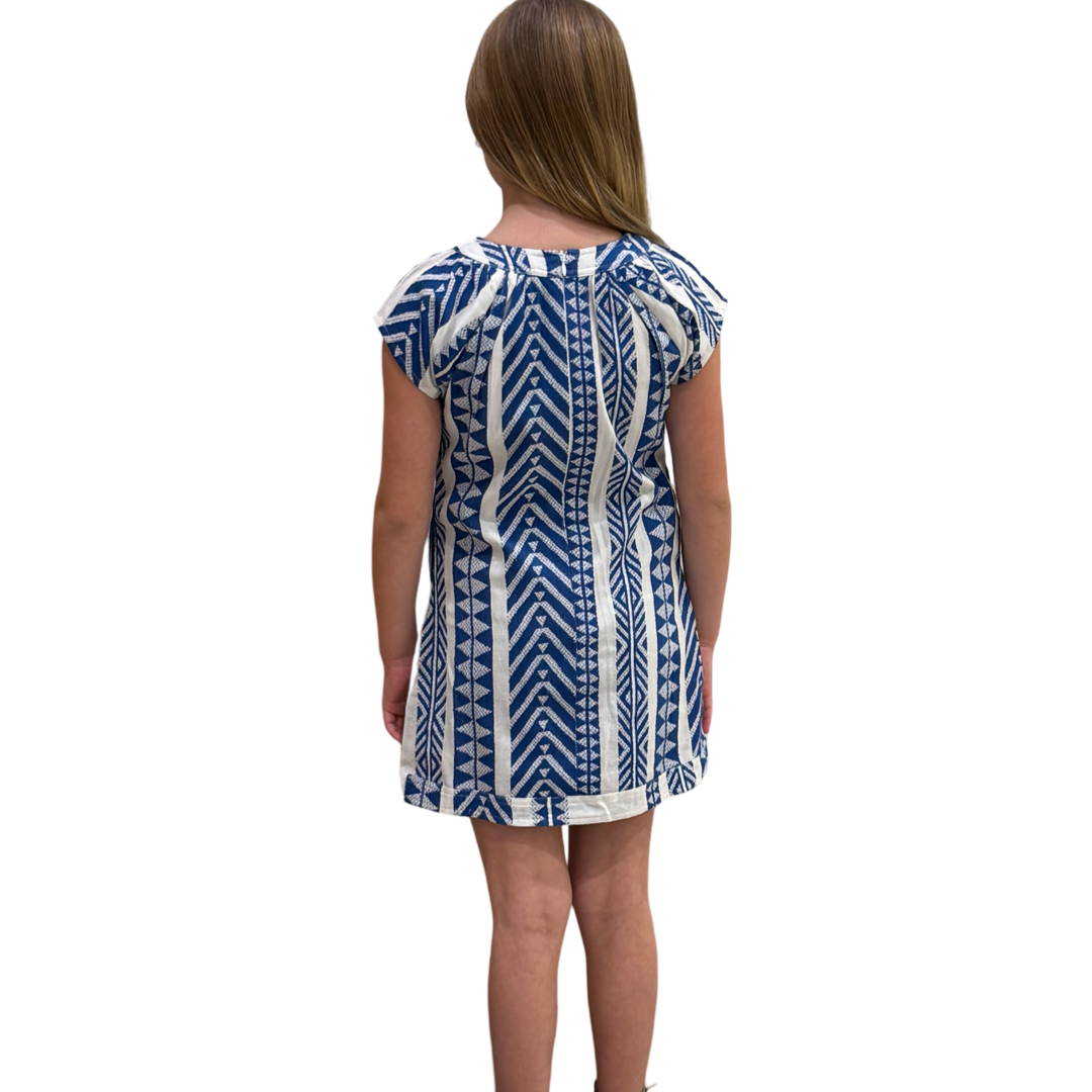 The Quinn Cotton Jacquard Dress in Blue and White for Girls — view 4