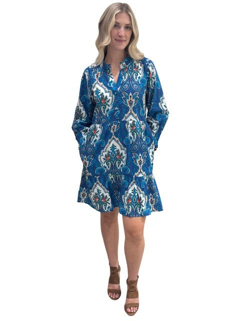 The Alexa Dress in Blue White Cotton Lurex — view 3