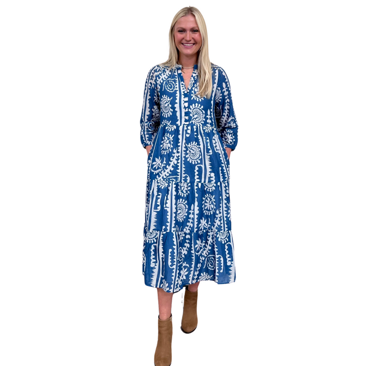 The Campbell Teal and White Cotton Dress With 3/4 Length Sleeve — view 3