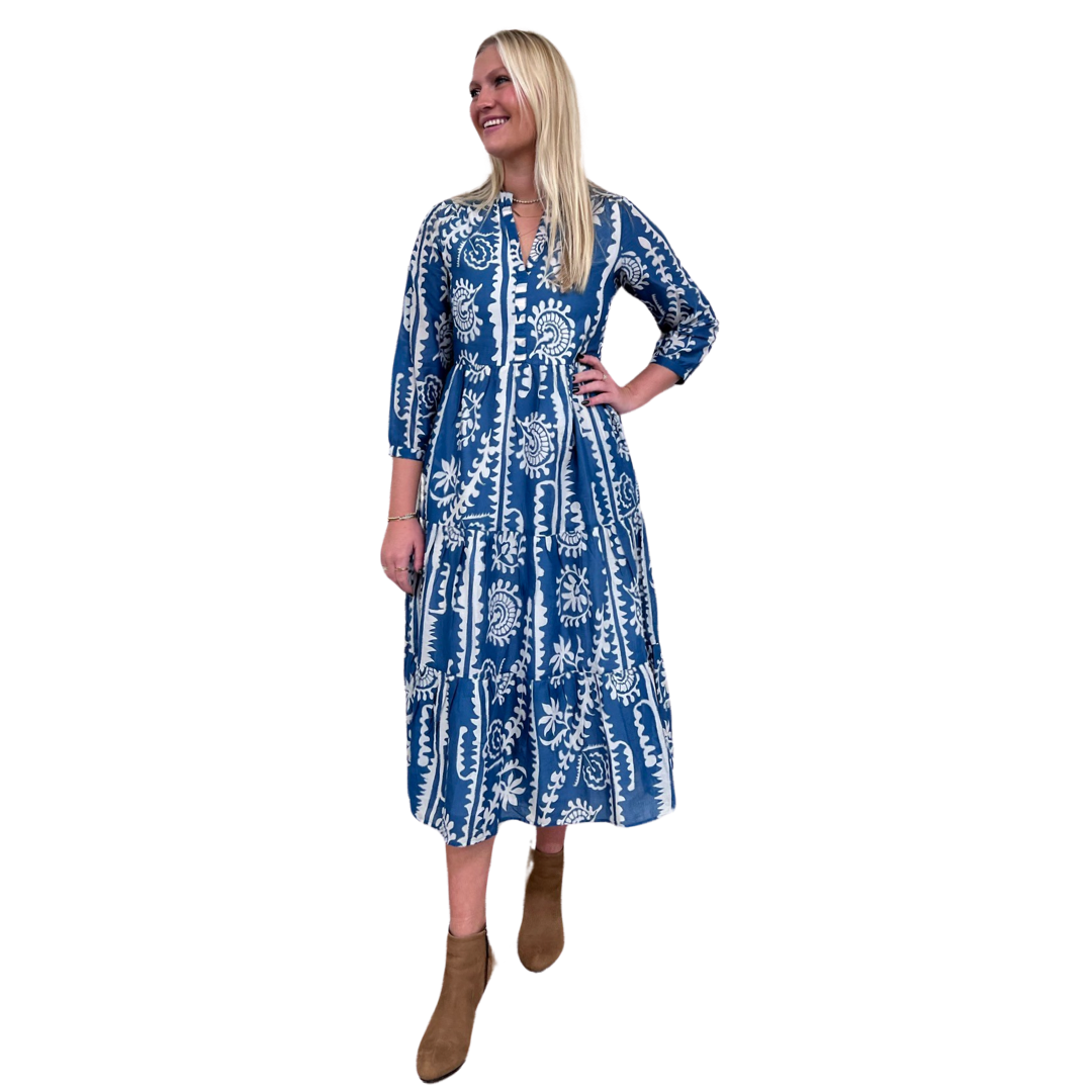 The Campbell Teal and White Cotton Dress With 3/4 Length Sleeve — view 2