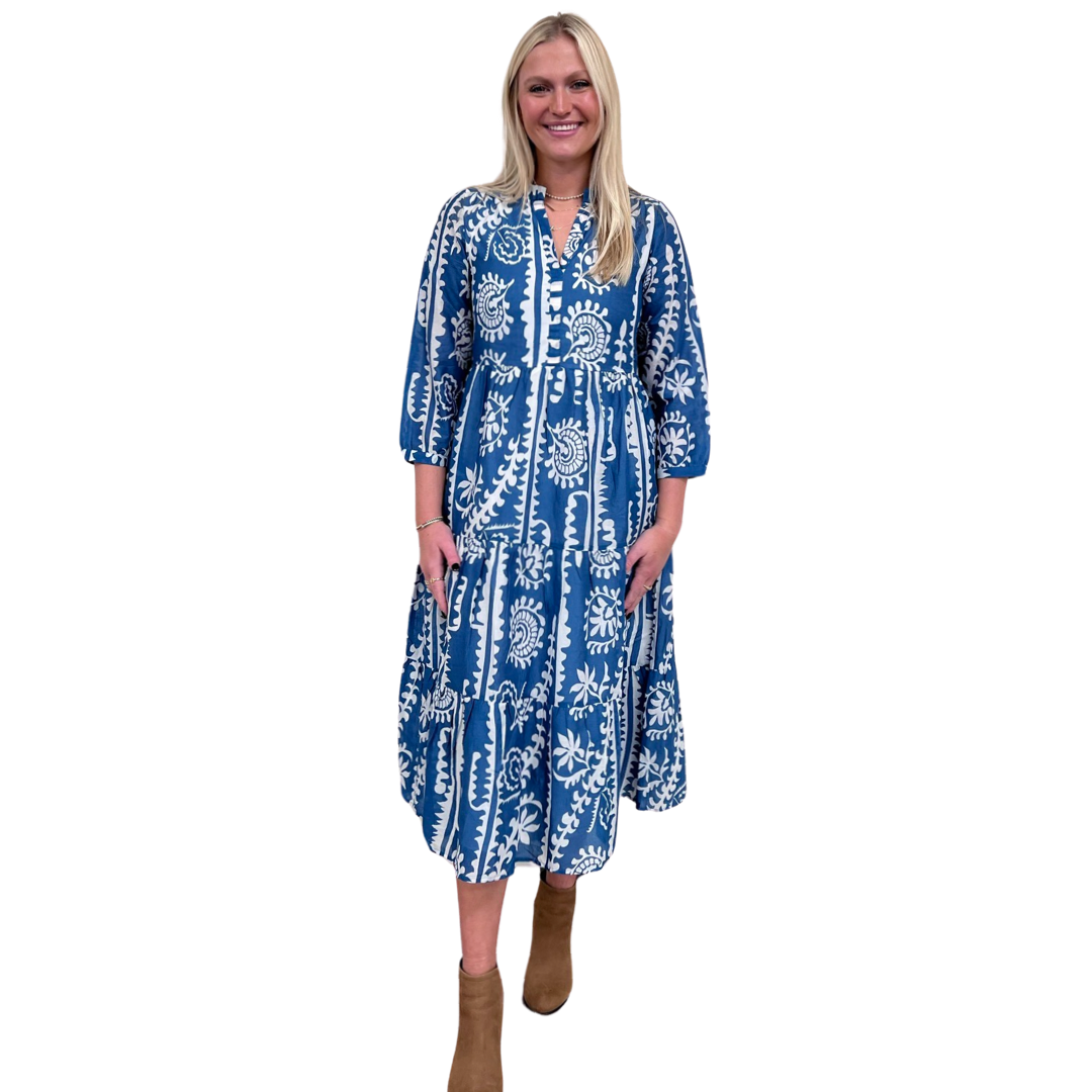 The Campbell Teal and White Cotton Dress With 3/4 Length Sleeve