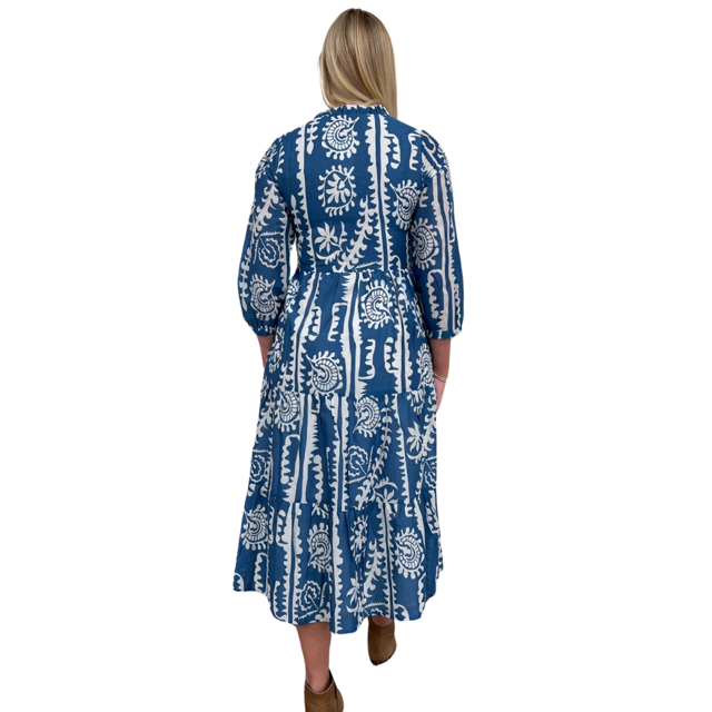 The Campbell Teal and White Cotton Dress With 3/4 Length Sleeve — view 6