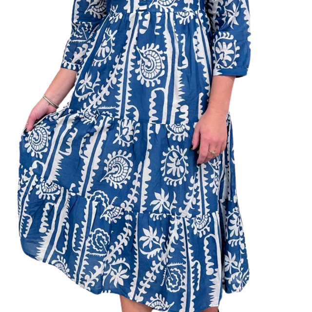 The Campbell Teal and White Cotton Dress With 3/4 Length Sleeve — view 5