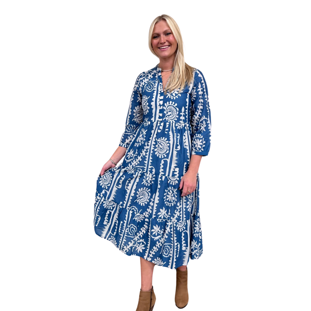 The Campbell Teal and White Cotton Dress With 3/4 Length Sleeve — view 4