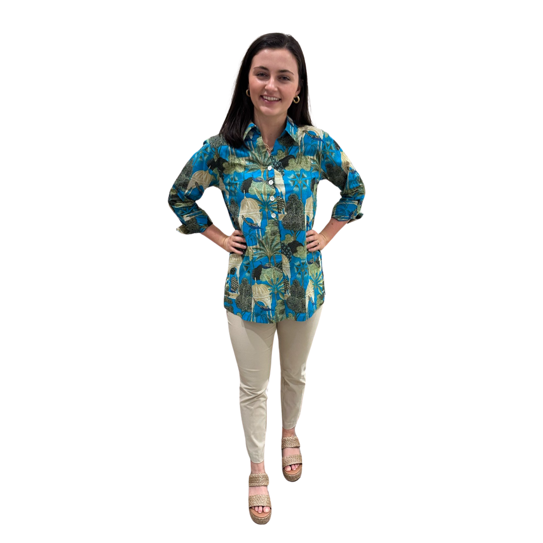 The Mason Button Back Top in Turquoise Tropical Cabana Print
