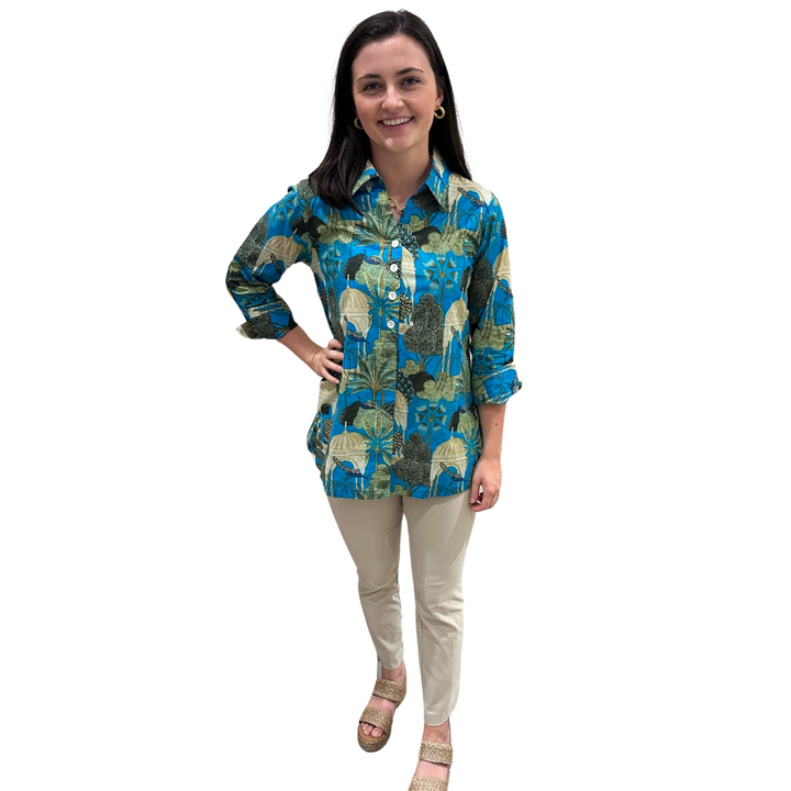 The Mason Button Back Top in Turquoise Tropical Cabana Print — view 3