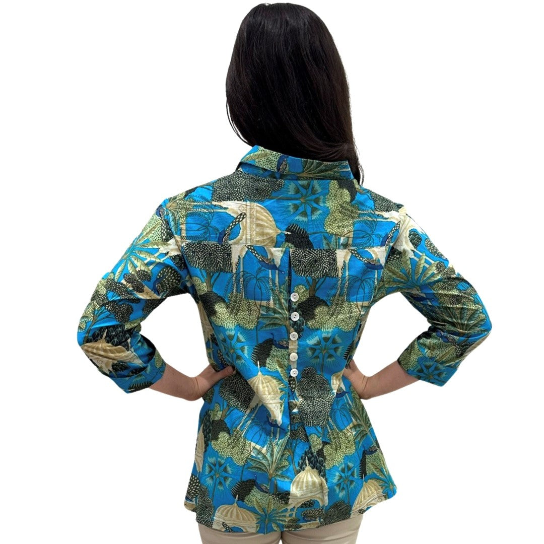 The Mason Button Back Top in Turquoise Tropical Cabana Print — view 4