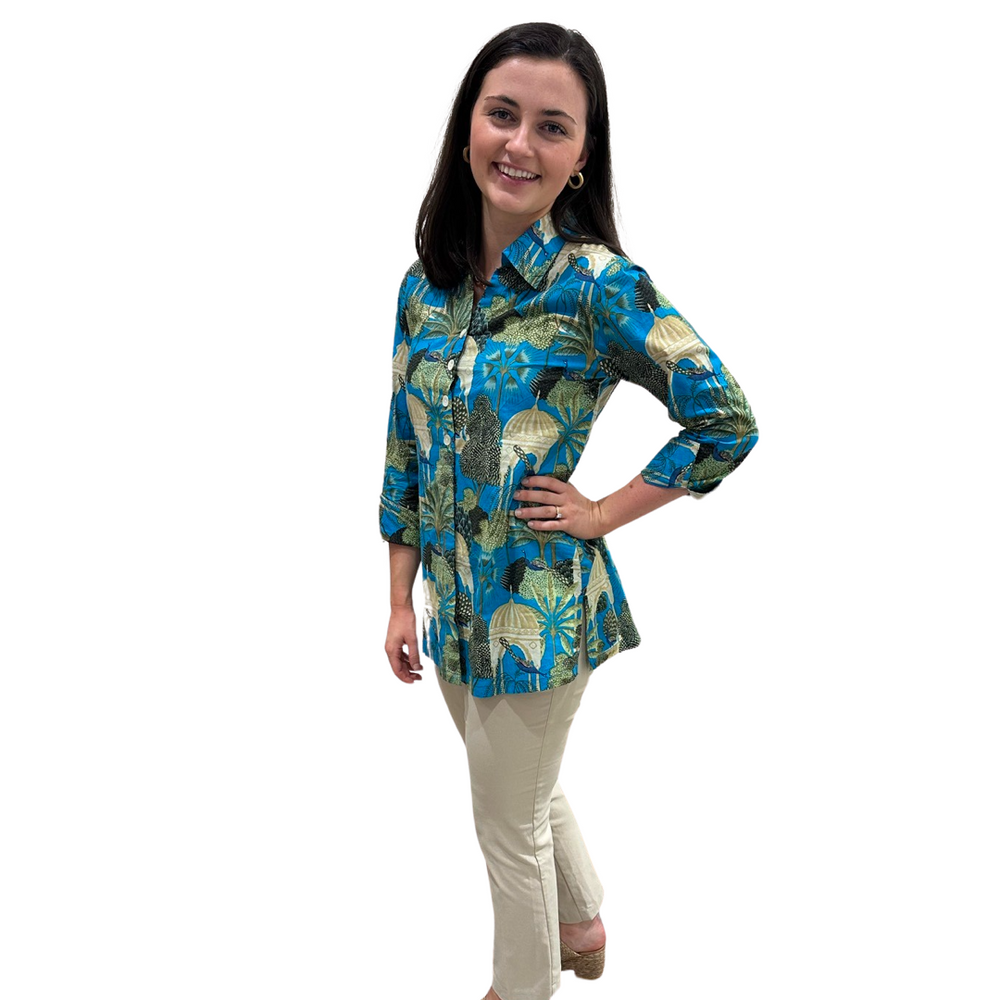 The Mason Button Back Top in Turquoise Tropical Cabana Print — view 2