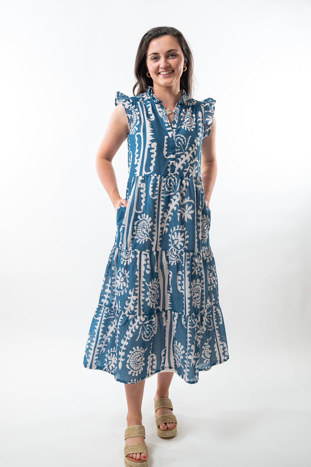 The Campbell Long Length Dress in Teal and White — view 5