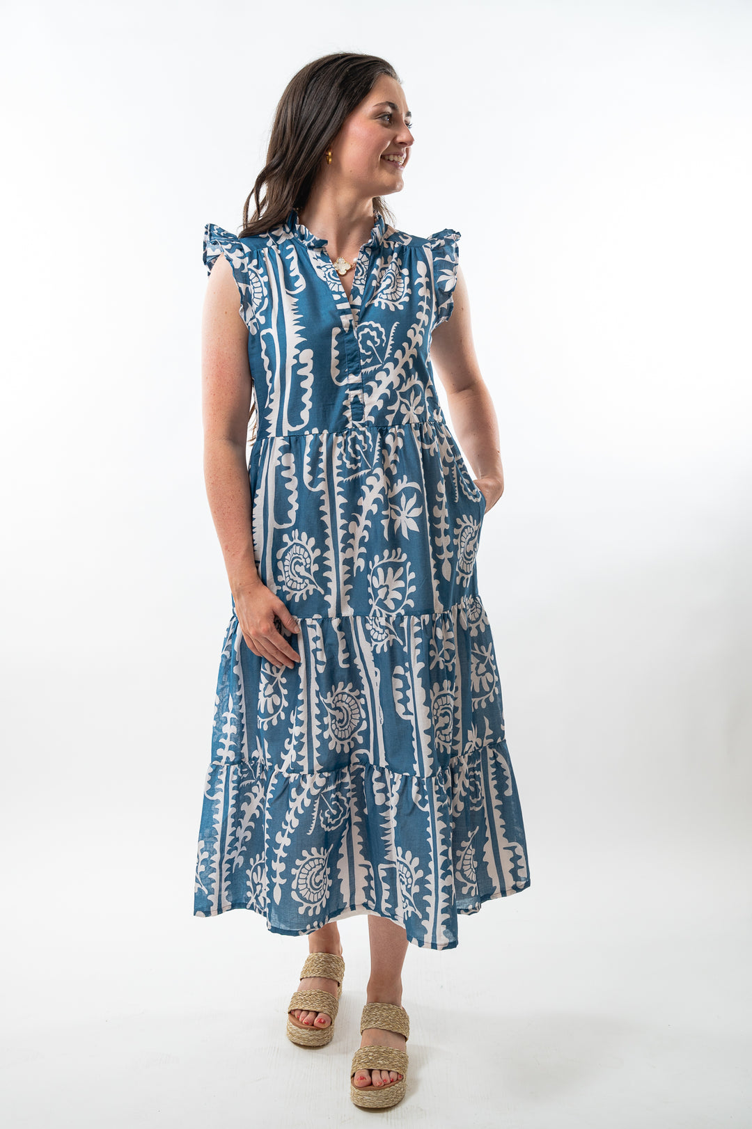 The Campbell Long Length Dress in Teal and White — view 4