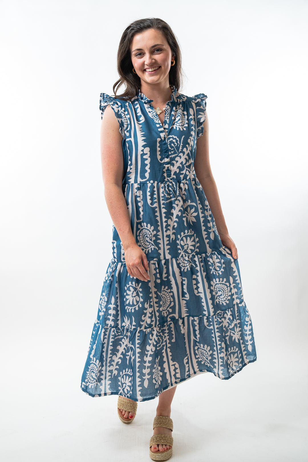 The Campbell Long Length Dress in Teal and White