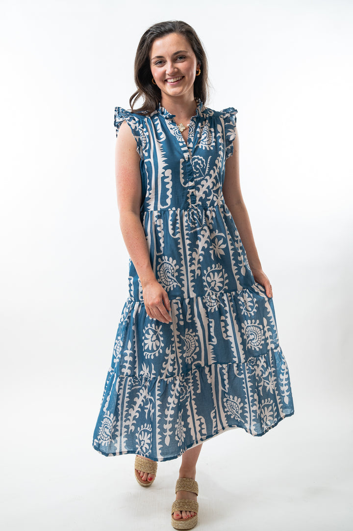 The Campbell Long Length Dress in Teal and White