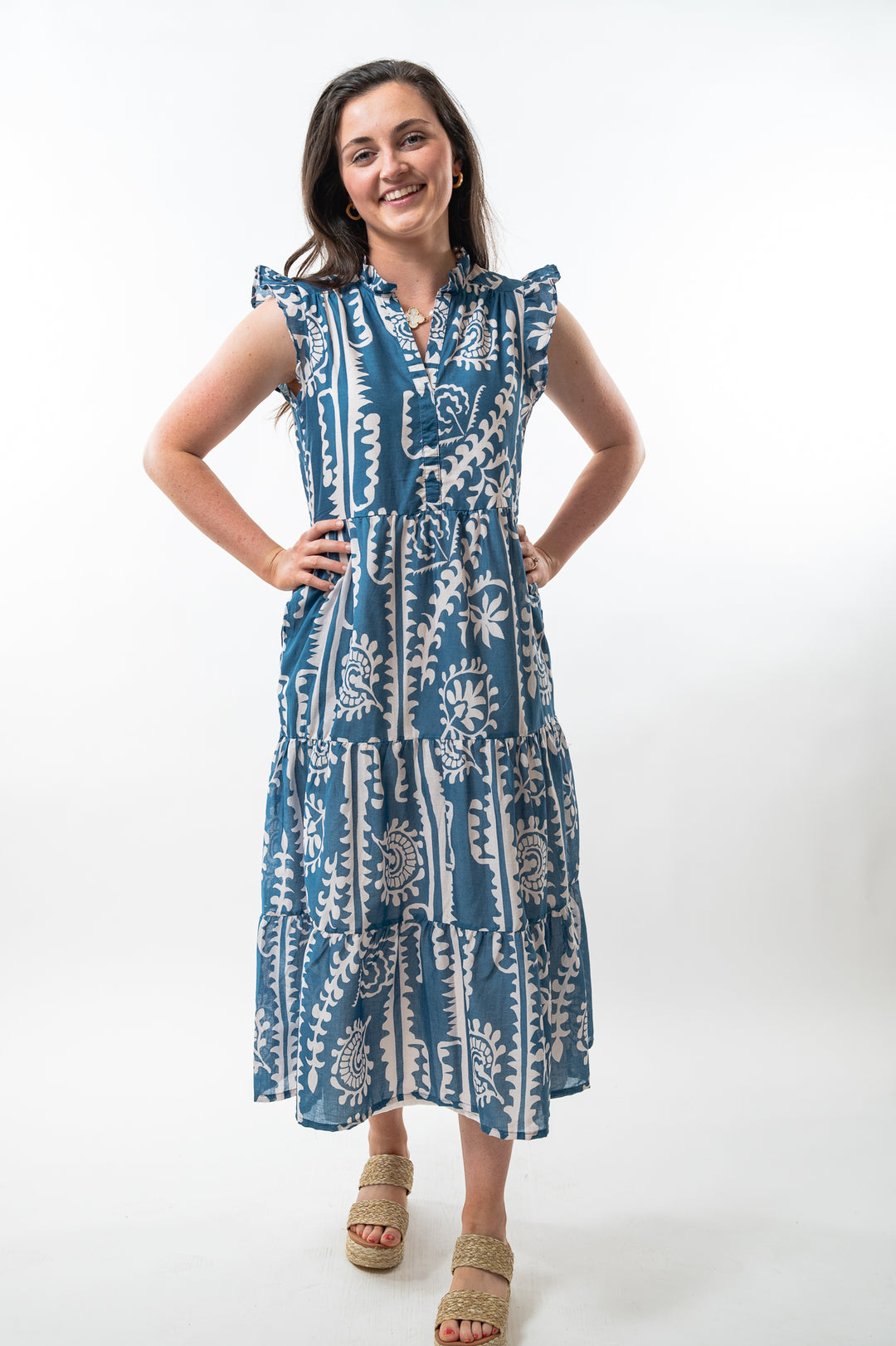 The Campbell Long Length Dress in Teal and White — view 3