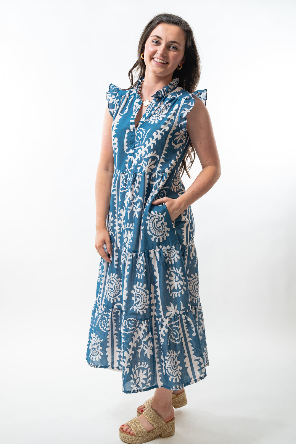 The Campbell Long Length Dress in Teal and White — view 2
