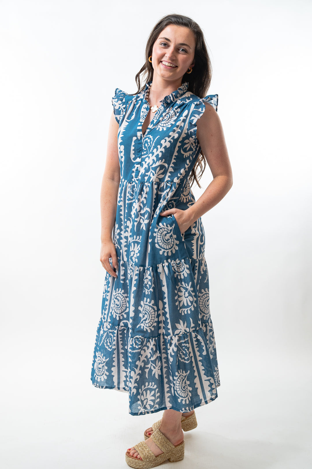 The Campbell Long Length Dress in Teal and White — view 2