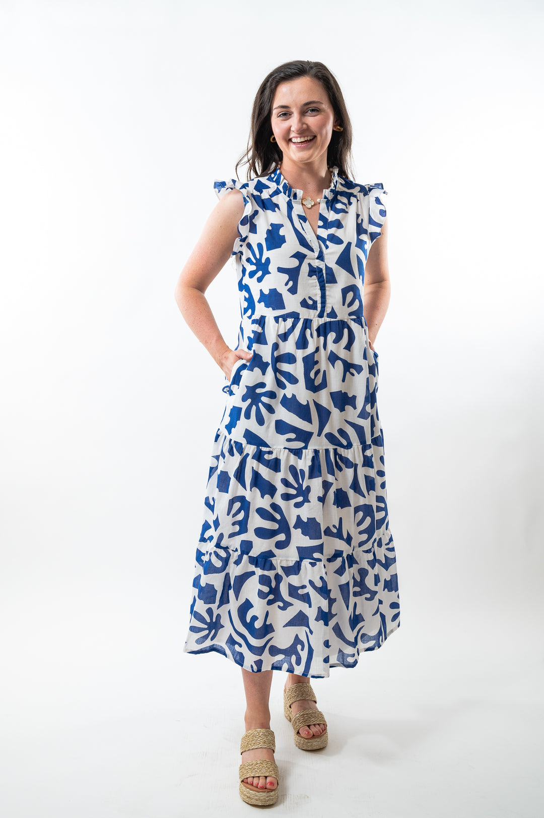 The Campbell Flutter Sleeve Dress in White and Blue Cotton — view 2