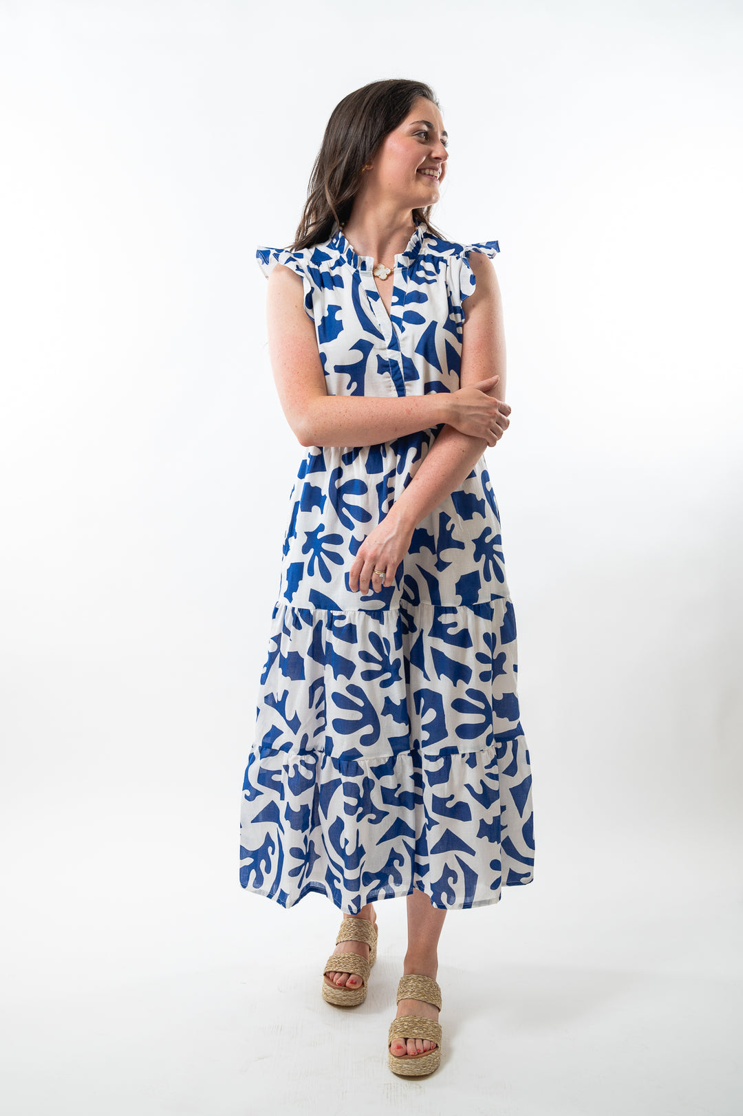 The Campbell Flutter Sleeve Dress in White and Blue Cotton — view 6