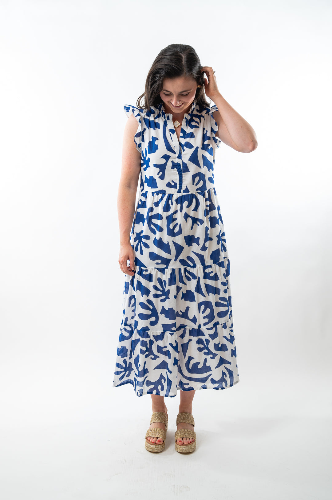 The Campbell Flutter Sleeve Dress in White and Blue Cotton — view 4