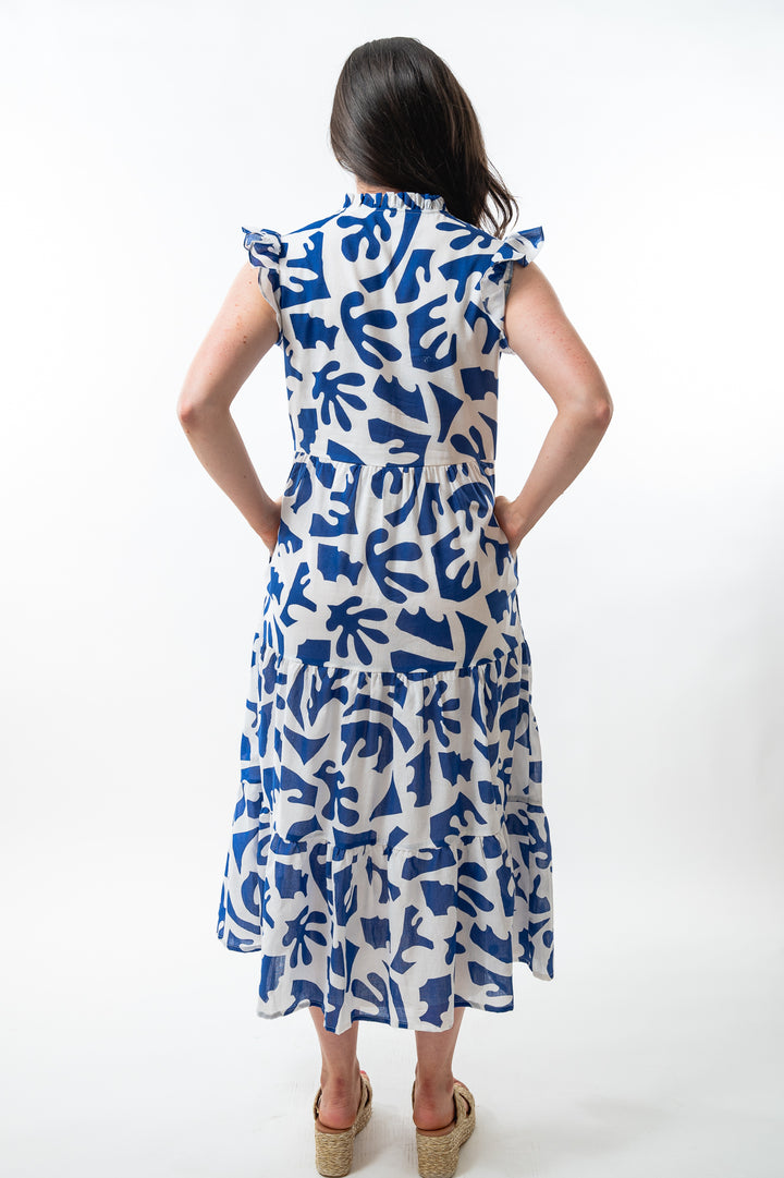 The Campbell Flutter Sleeve Dress in White and Blue Cotton — view 5