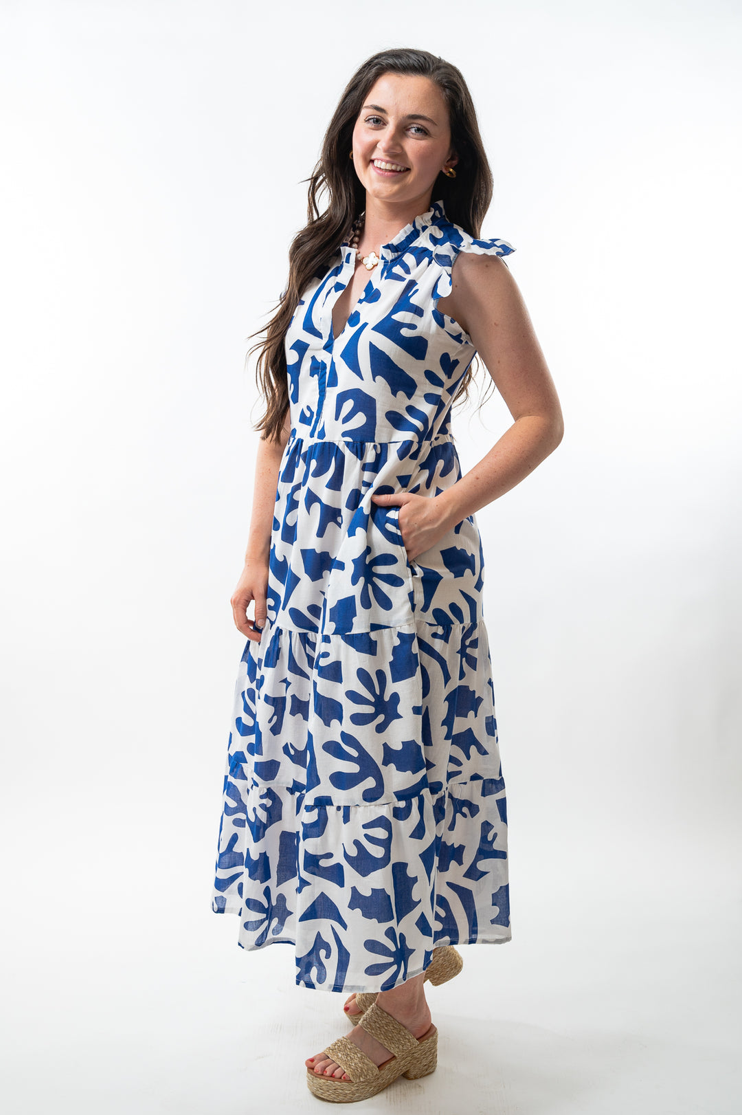 The Campbell Flutter Sleeve Dress in White and Blue Cotton — view 3