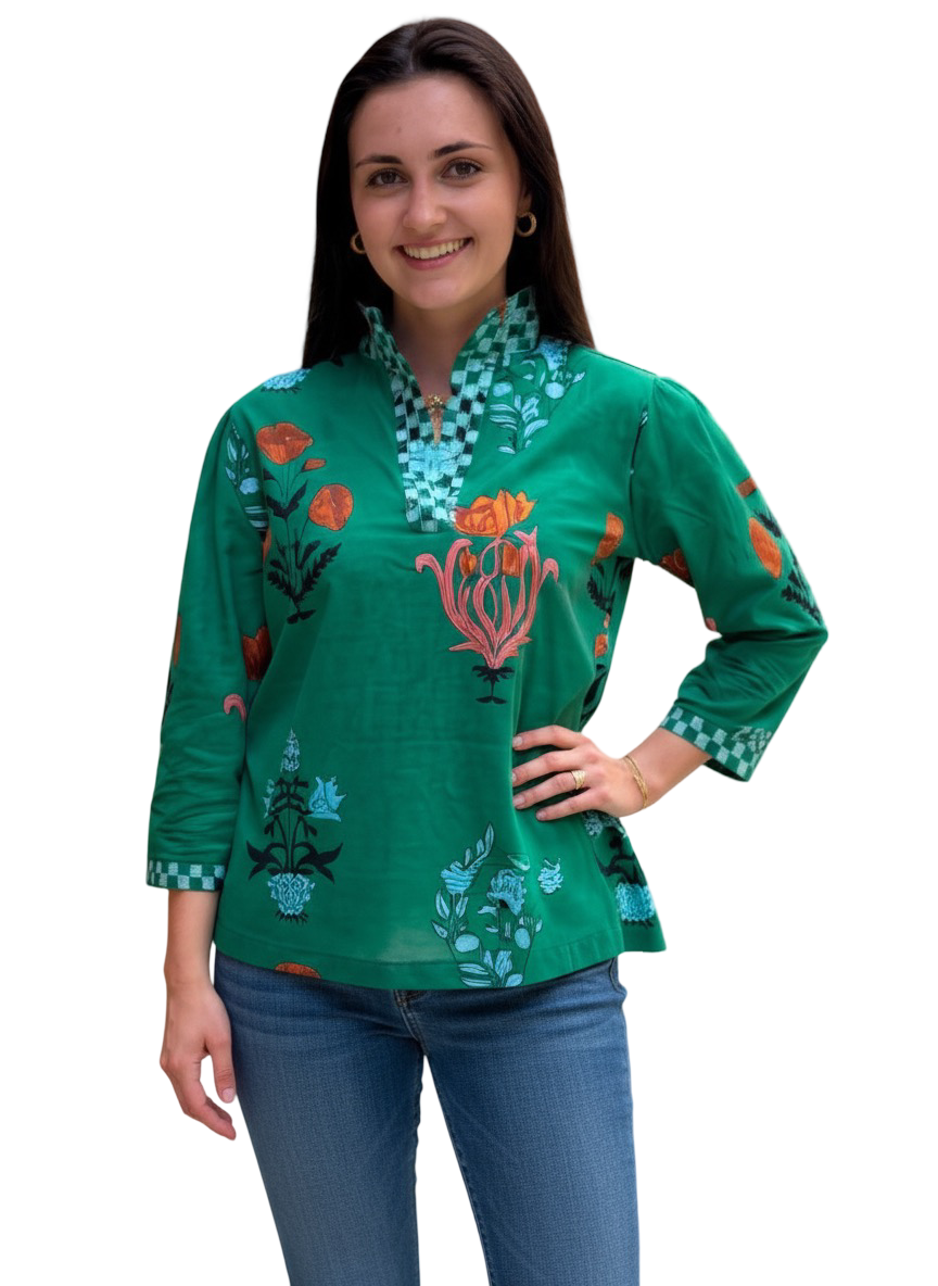 The Shipley Stand Up Collar Top in Green Floral with Embroidery Detailing — view 2