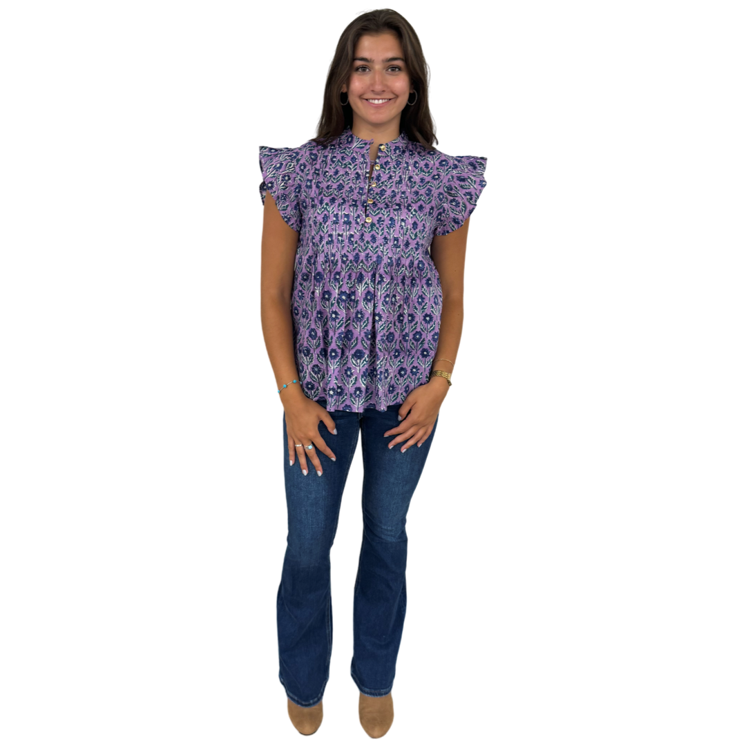 The Ava Button Front Flutter Sleeve Top in Lavender and Blue Hand Blocked Floral — view 4