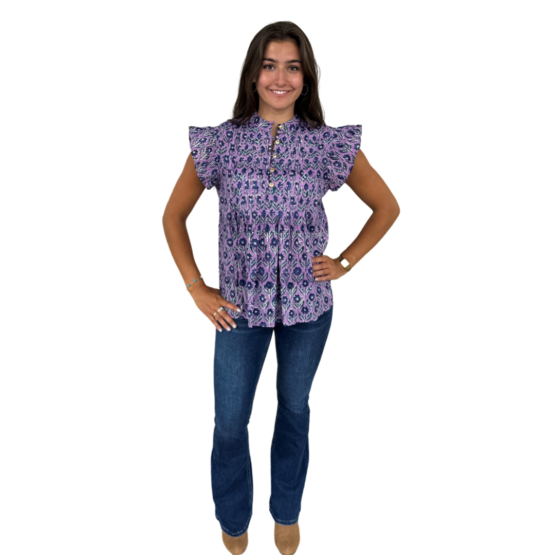 The Ava Button Front Flutter Sleeve Top in Lavender and Blue Hand Blocked Floral — view 3