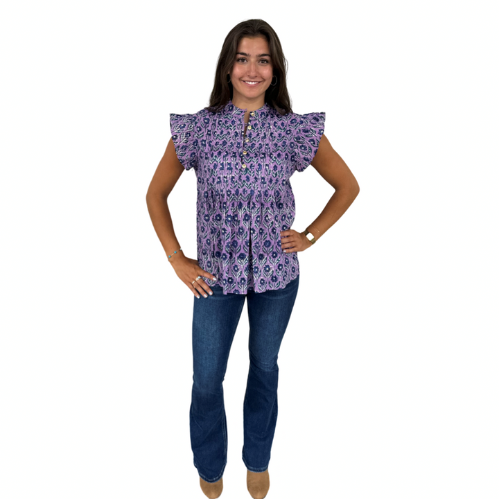 The Ava Button Front Flutter Sleeve Top in Lavender and Blue Hand Blocked Floral — view 3