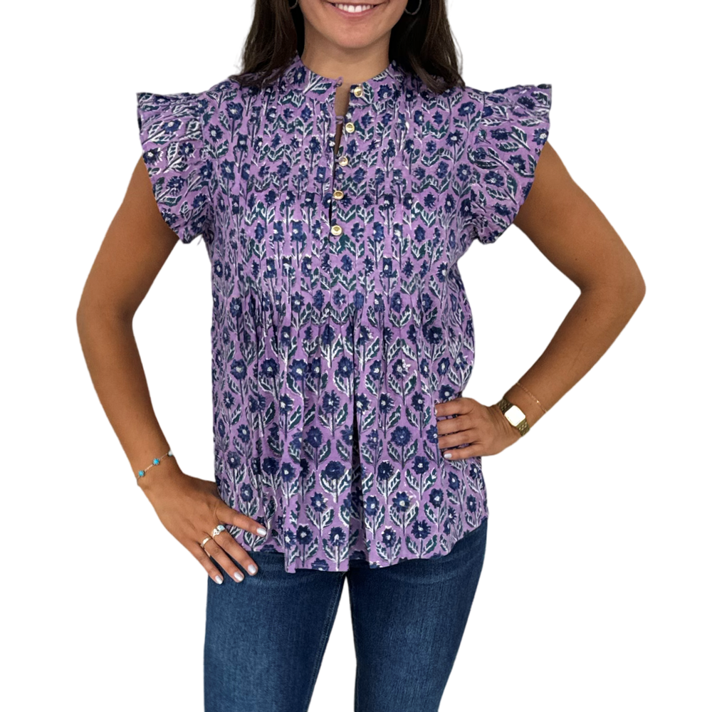 The Ava Button Front Flutter Sleeve Top in Lavender and Blue Hand Blocked Floral — view 2