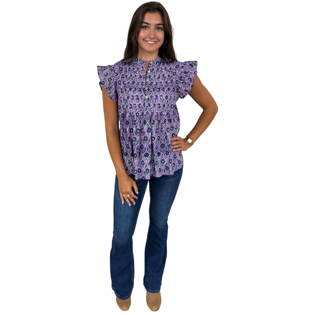 The Ava Button Front Flutter Sleeve Top in Lavender and Blue Hand Blocked Floral