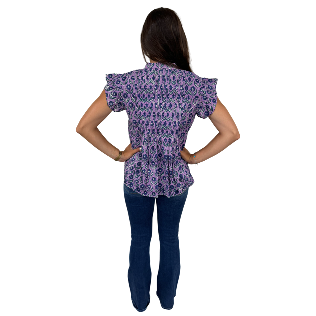 The Ava Button Front Flutter Sleeve Top in Lavender and Blue Hand Blocked Floral — view 6