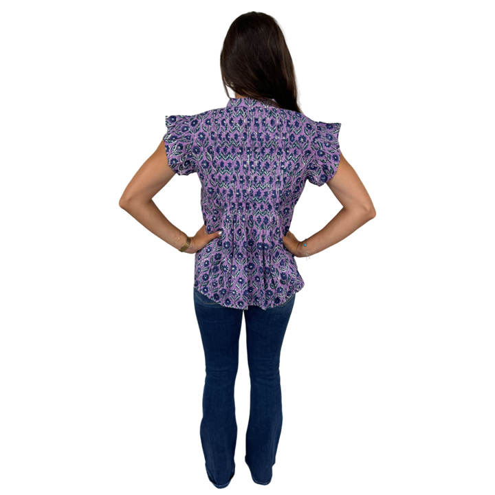 The Ava Button Front Flutter Sleeve Top in Lavender and Blue Hand Blocked Floral — view 6
