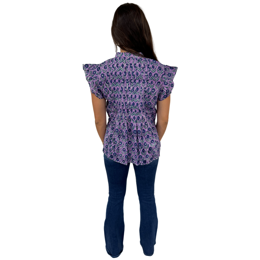 The Ava Button Front Flutter Sleeve Top in Lavender and Blue Hand Blocked Floral — view 5