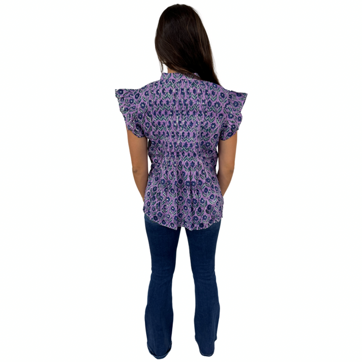 The Ava Button Front Flutter Sleeve Top in Lavender and Blue Hand Blocked Floral — view 5