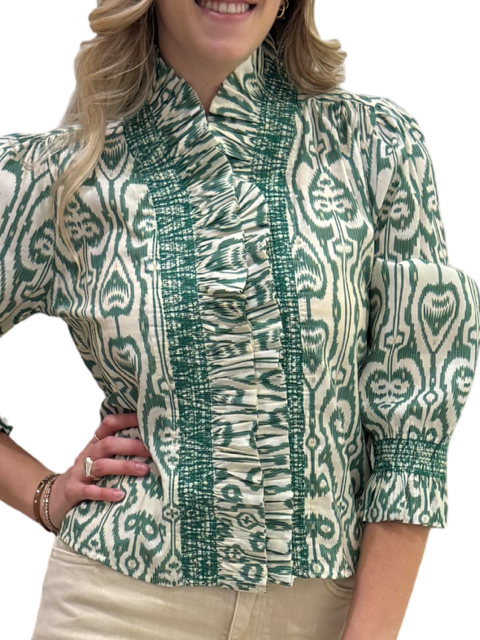 The Amelia Ruffle Trim Smocked Top in Moss Green White Ikat — view 2
