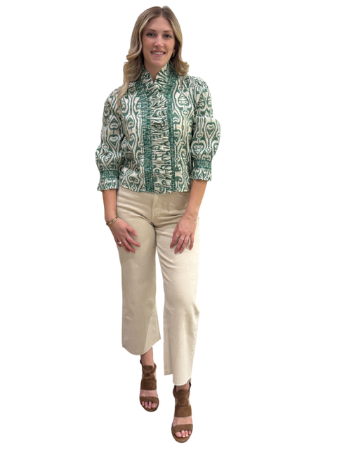 The Amelia Ruffle Trim Smocked Top in Moss Green White Ikat — view 5