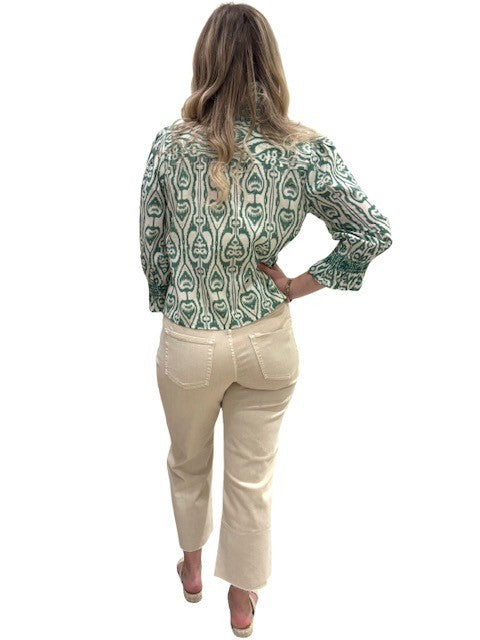 The Amelia Ruffle Trim Smocked Top in Moss Green White Ikat — view 6