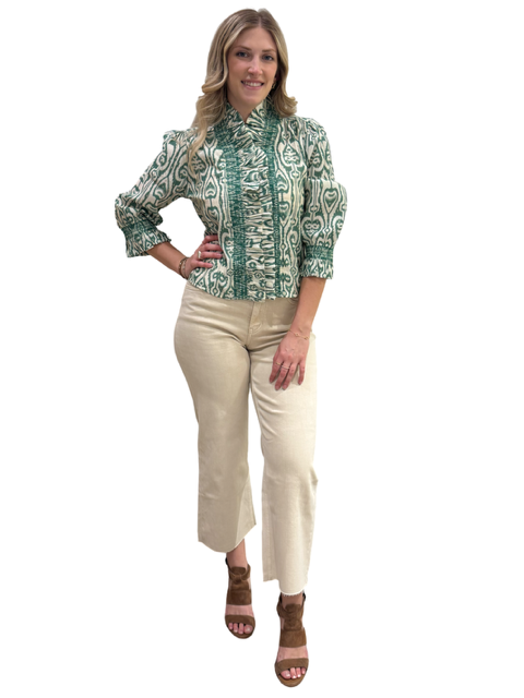 The Amelia Ruffle Trim Smocked Top in Moss Green White Ikat — view 4