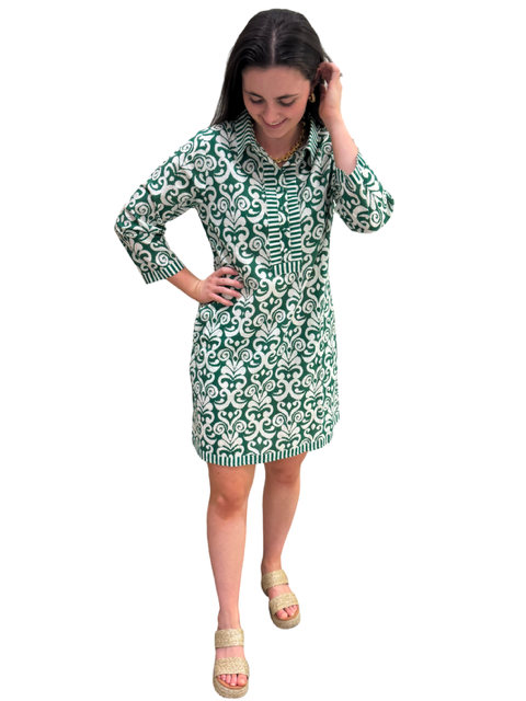 The Annika Cotton Dress in Emerald Green and White — view 4