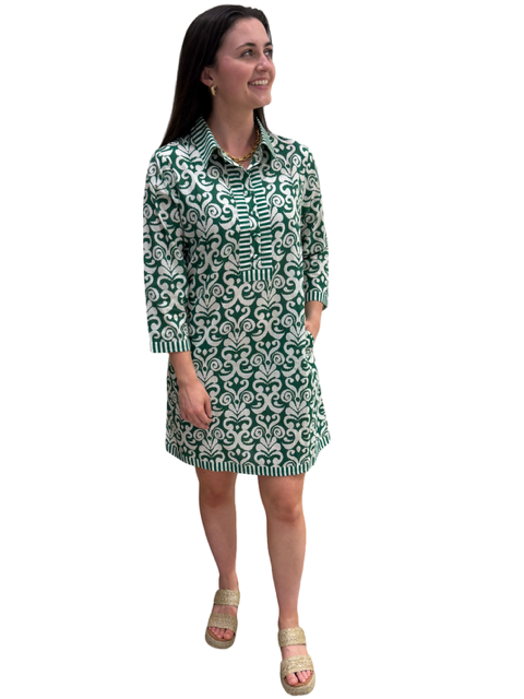 The Annika Cotton Dress in Emerald Green and White — view 5